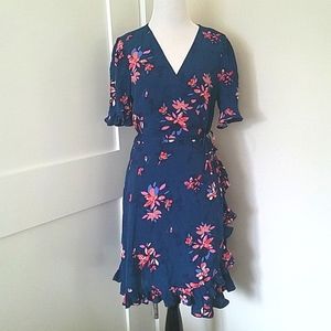 NWOT Lulu's Teal blue/pink floral ruffled knee-length wrap dress. Size M.